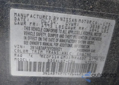 2014 Nissan Sentra Sl from USA, damaged, VIN 3N1AB7AP7EY266621